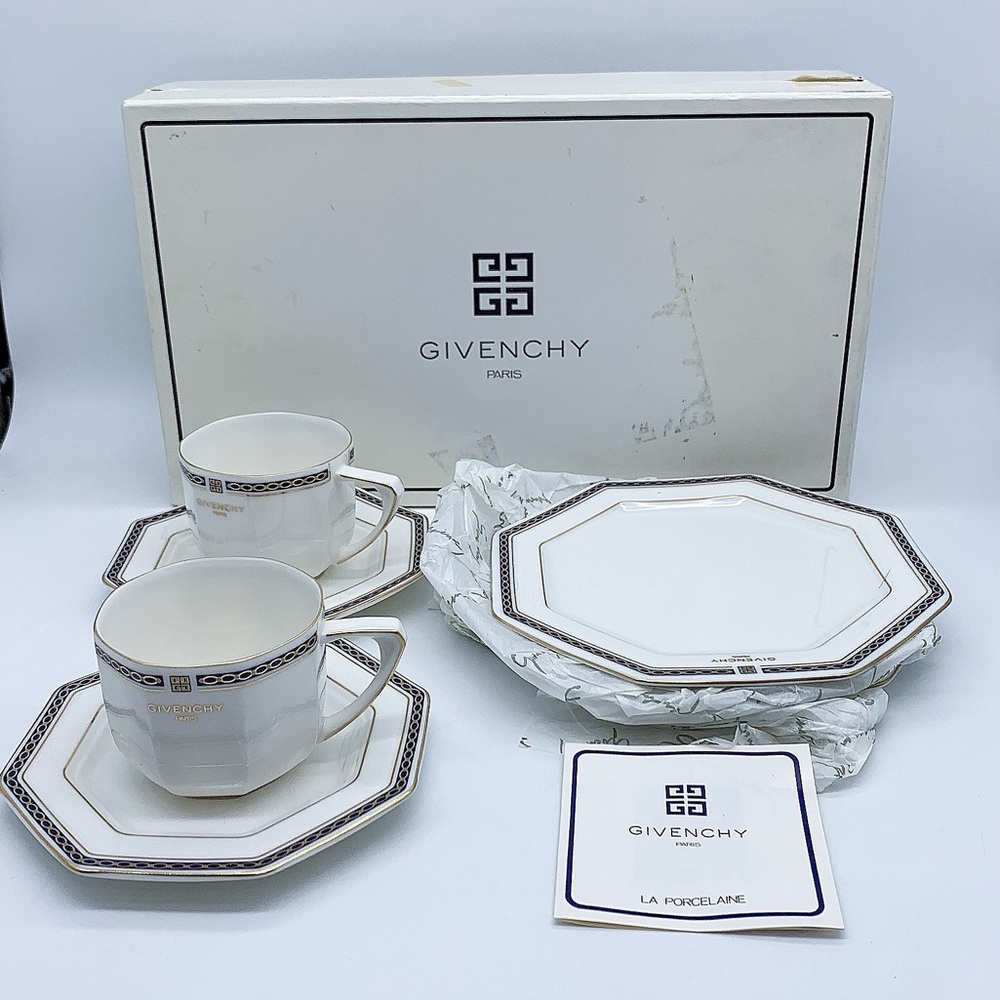Givenchy 6pc Octagonal Porcelain Cup&  Saucer With Dessert Plates